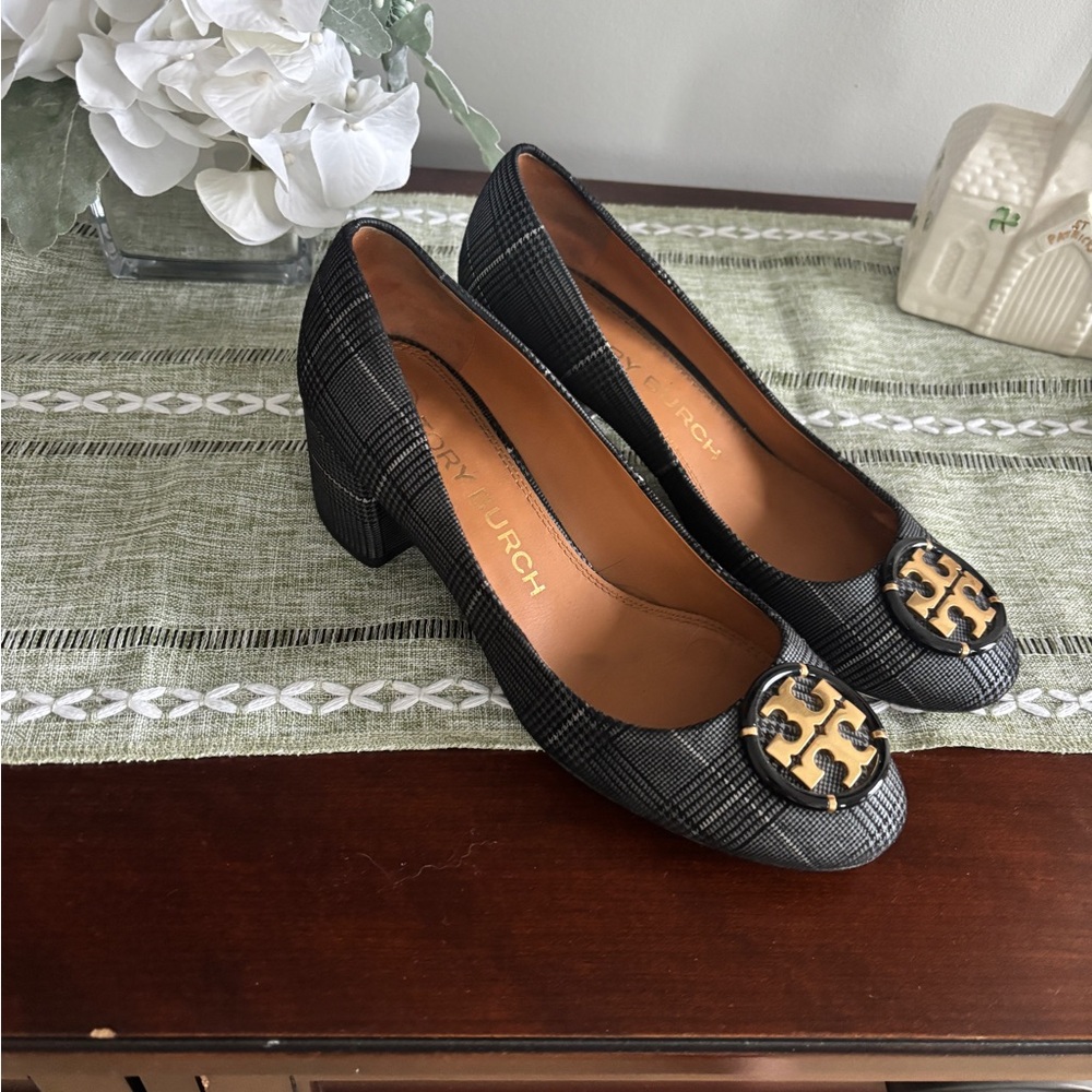 Tory Burch Black Plaid Heels with Gold Logo